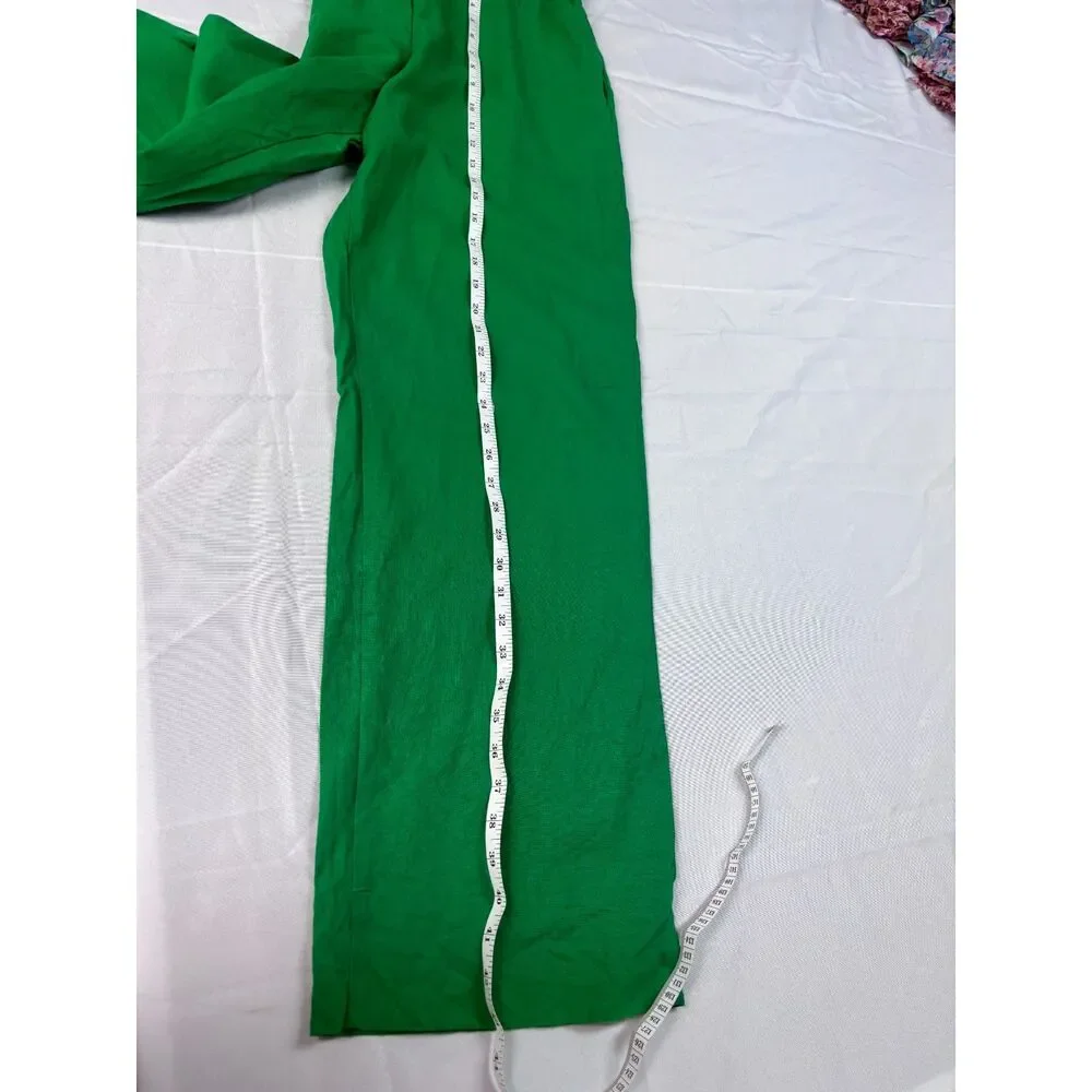 Zara Linen Blend Wide Leg Pants Womens L Green Pull On Elastic Waist